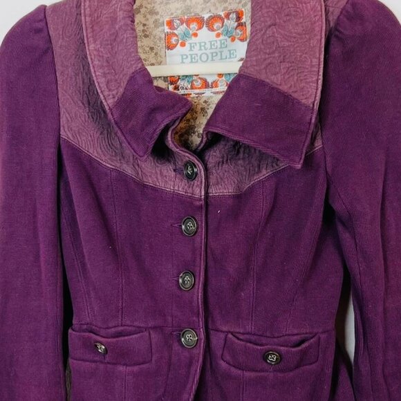 Free People Button up Purple Jacket Cotton Floral Lined - Picture 2 of 5